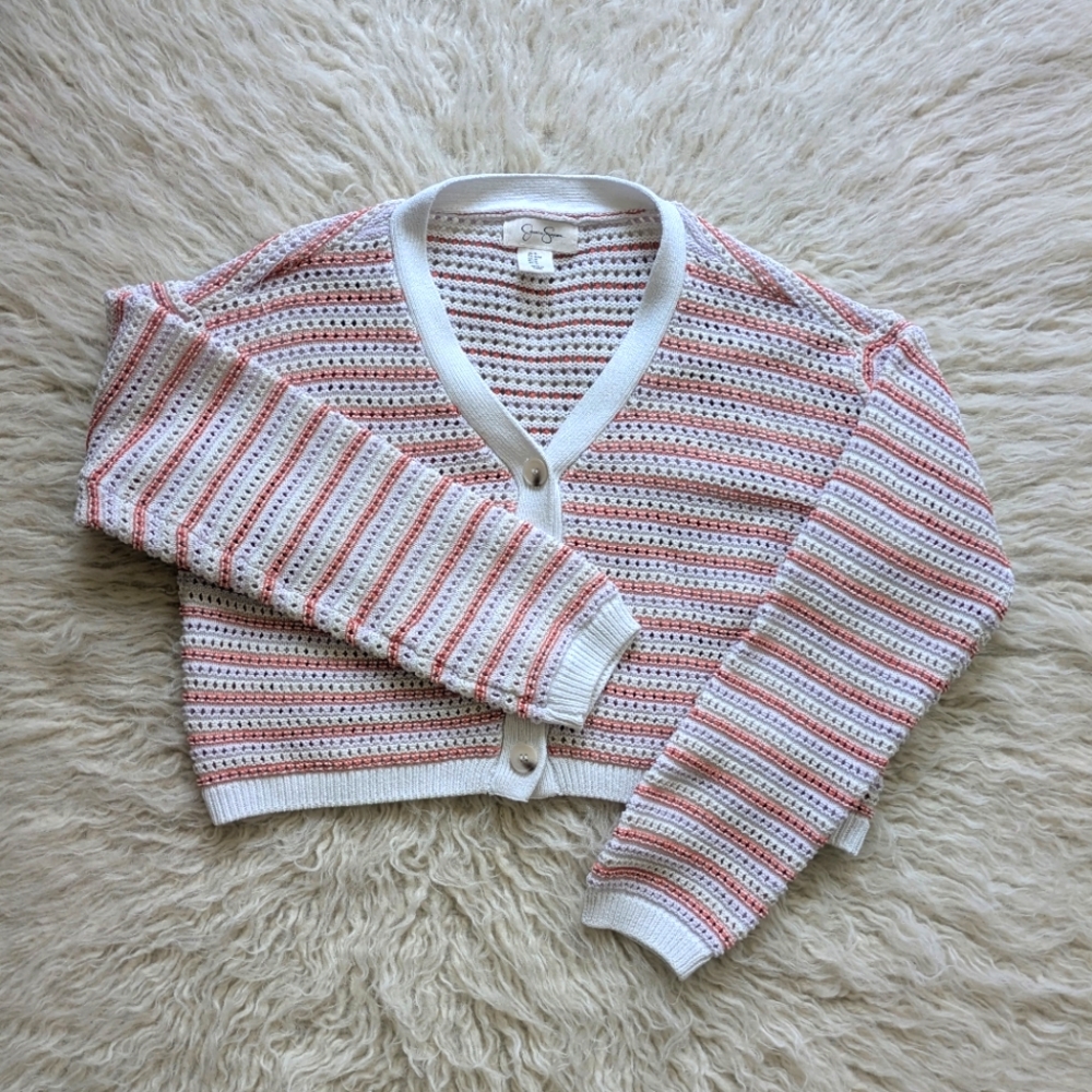 Pastel Striped Knit Crochet Crop Jessica Simpson Cardigan Sweater Women's Medium